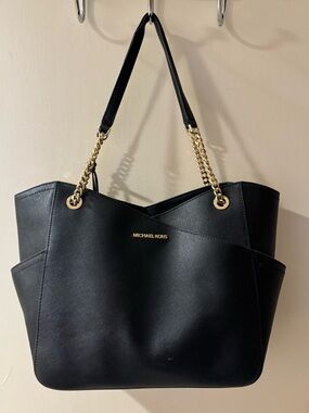Michael Kors Black Leather Tote with Gold Chain Handles
